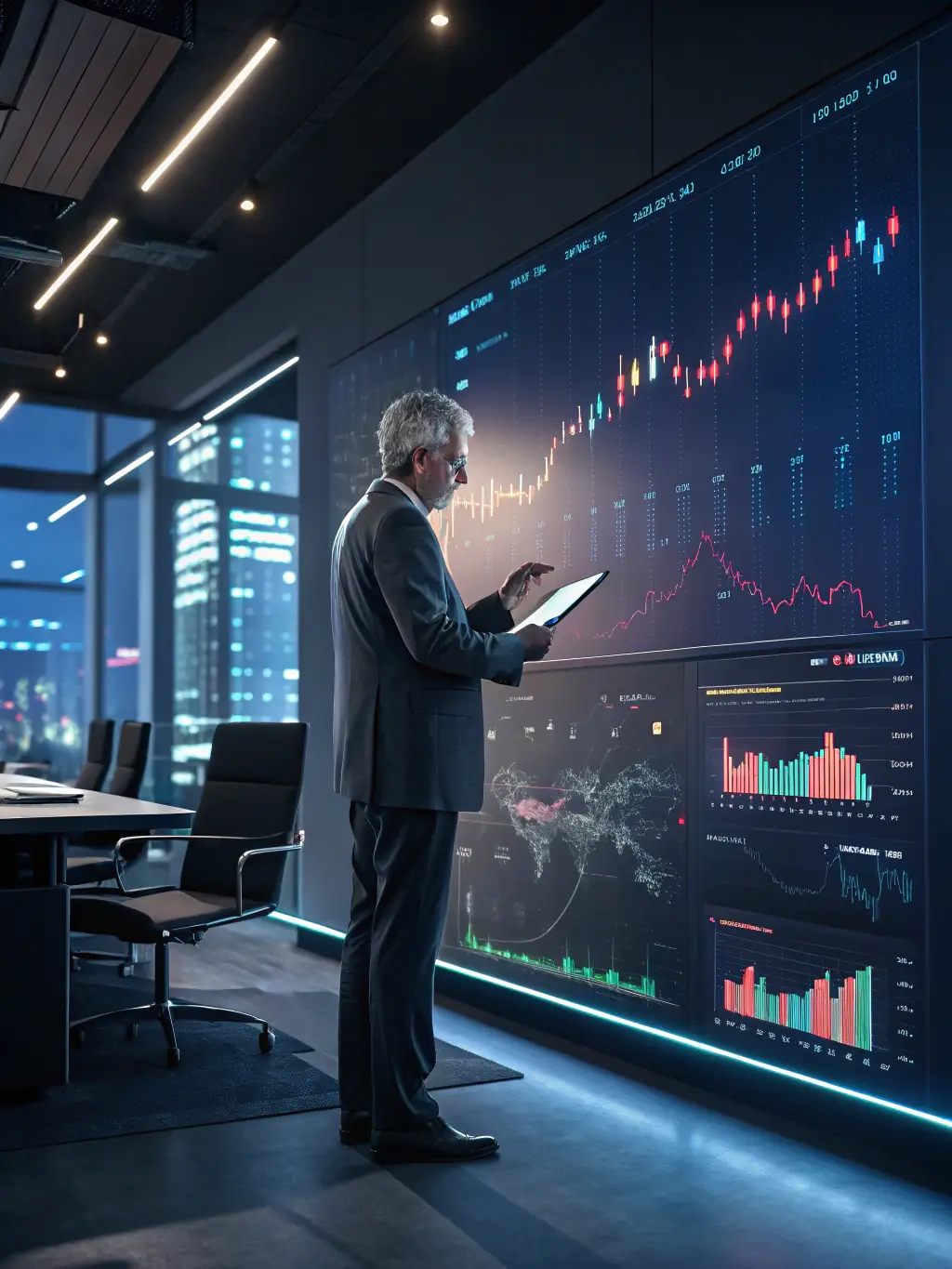 A modern office setting with financial analysts working on computers, displaying charts and graphs, representing Investment Management.