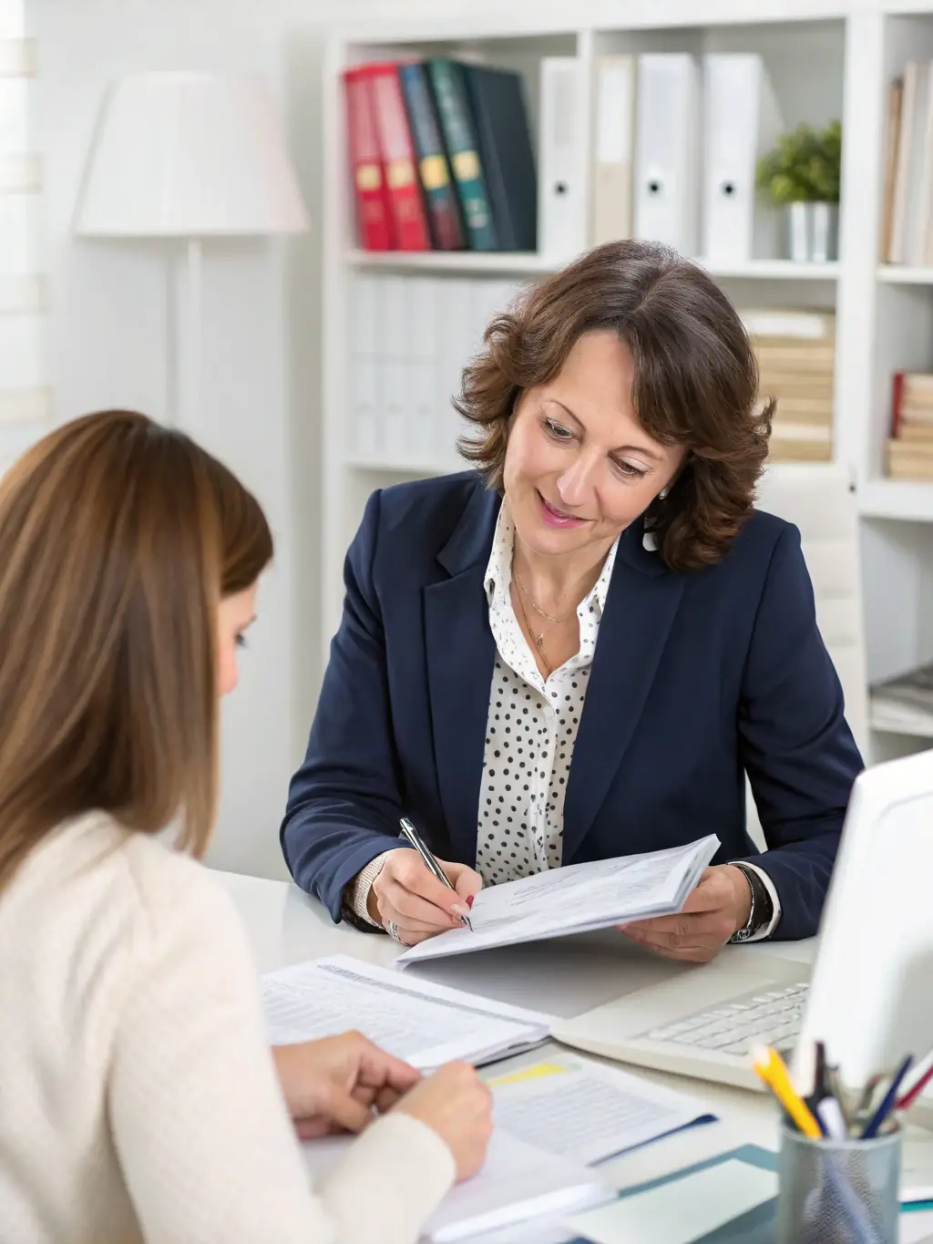 An image of a financial advisor reviewing tax documents with a client, with UK tax forms visible, representing Tax Advice services.