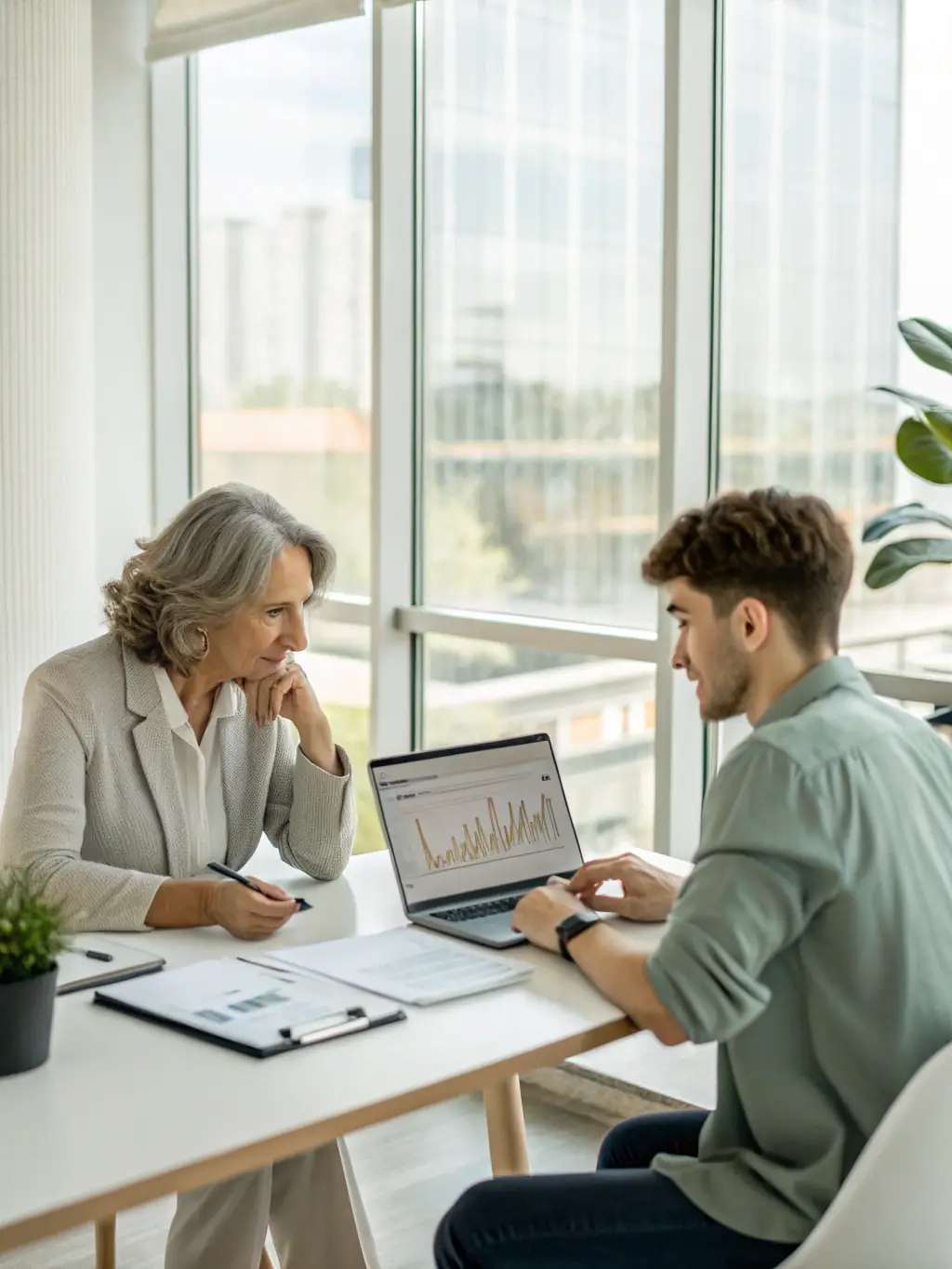 An image of a financial advisor discussing investment plans with a client, with charts and documents on the table, representing Wealth Planning services.