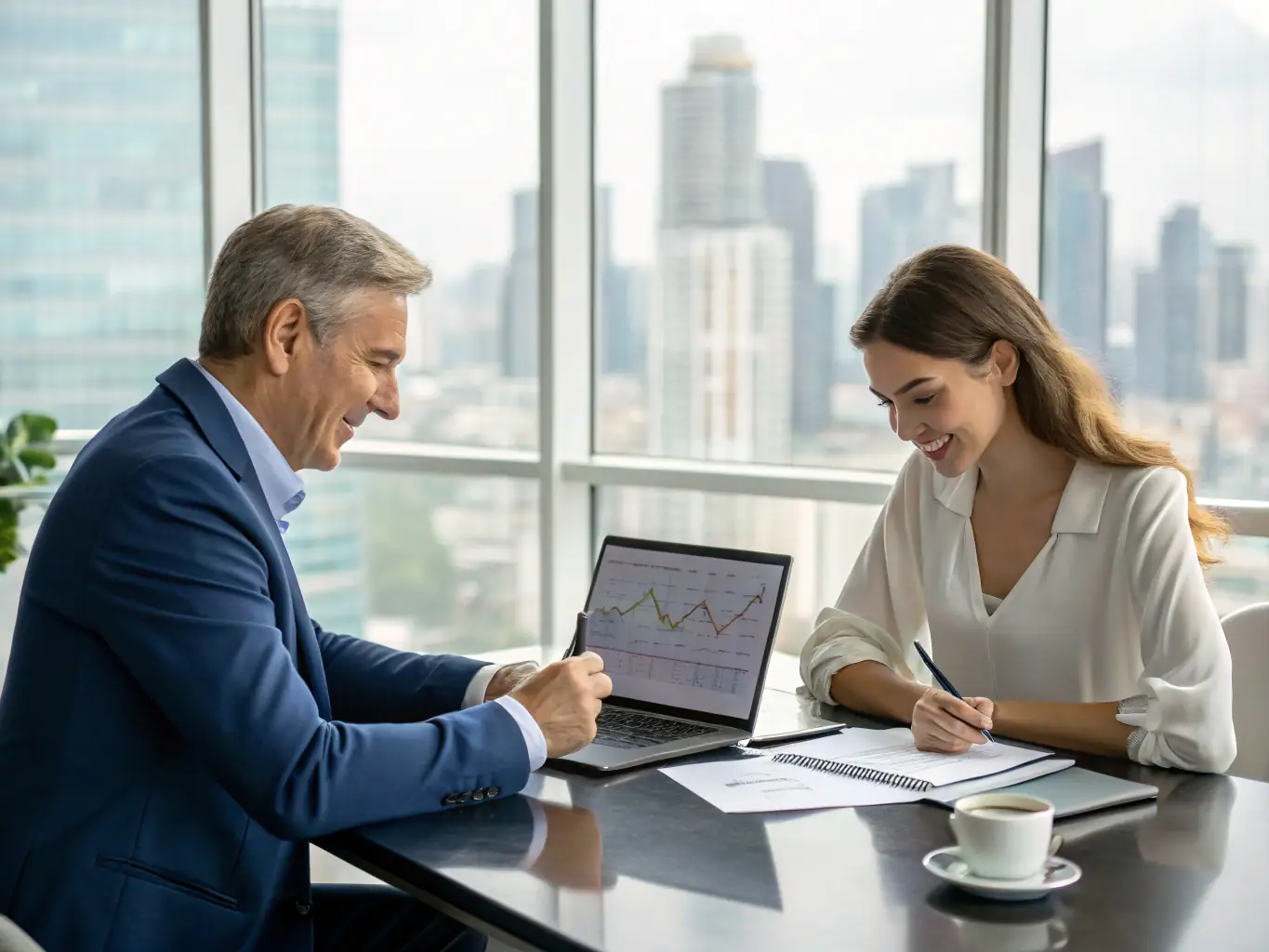 A professional financial advisor in a modern office setting, discussing UK-specific investment opportunities with a client, using a tablet to display charts and data relevant to the UK market.