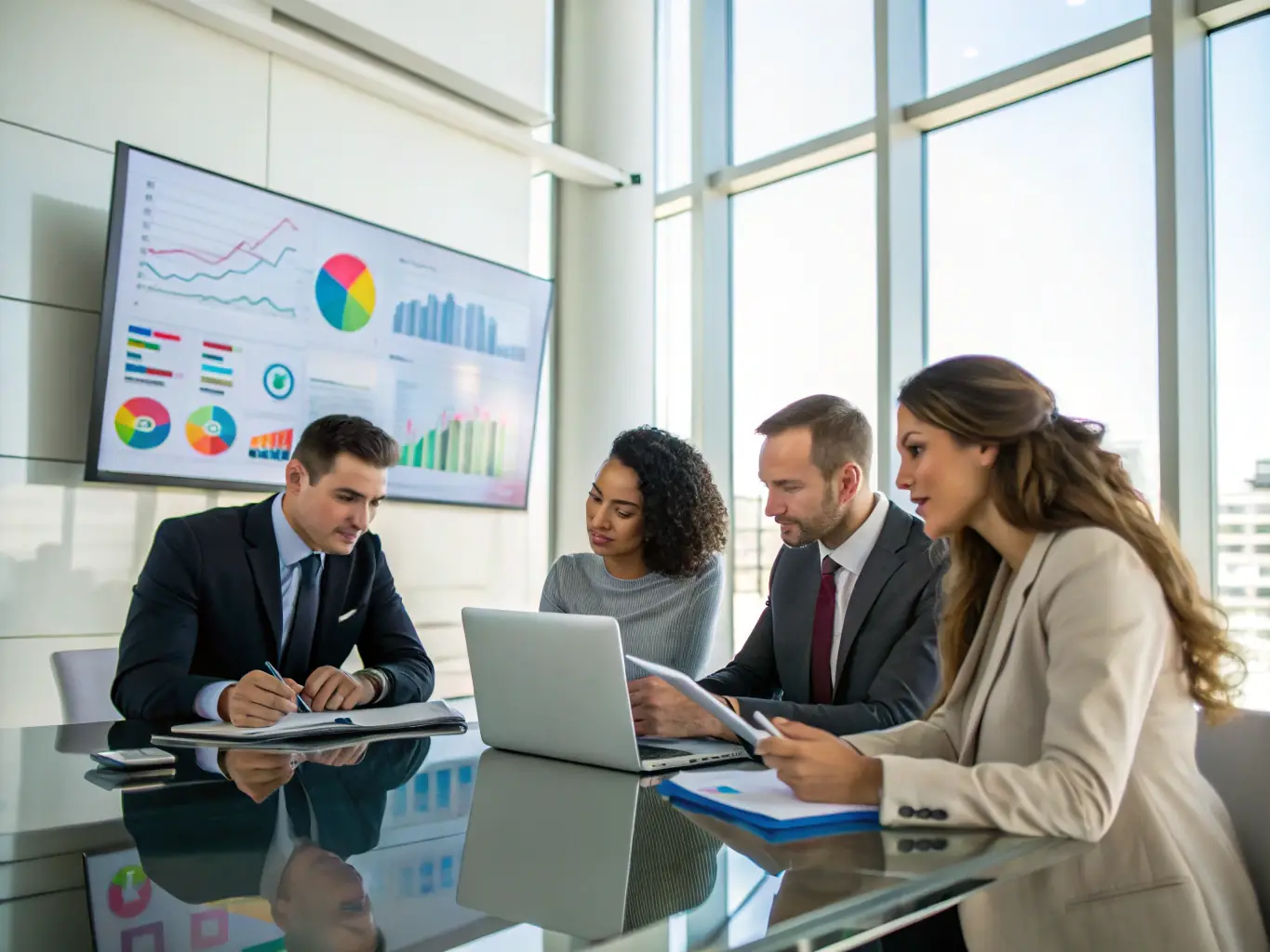 A diverse group of people in a meeting, representing UK residents from various backgrounds, discussing their financial goals and planning for the future.