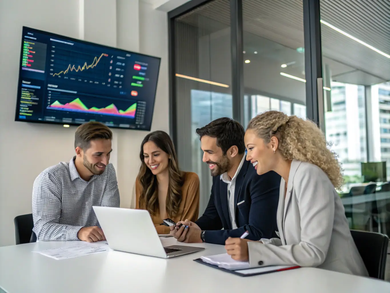 A diverse group of financial advisors collaborating around a table, discussing investment strategies and market trends.