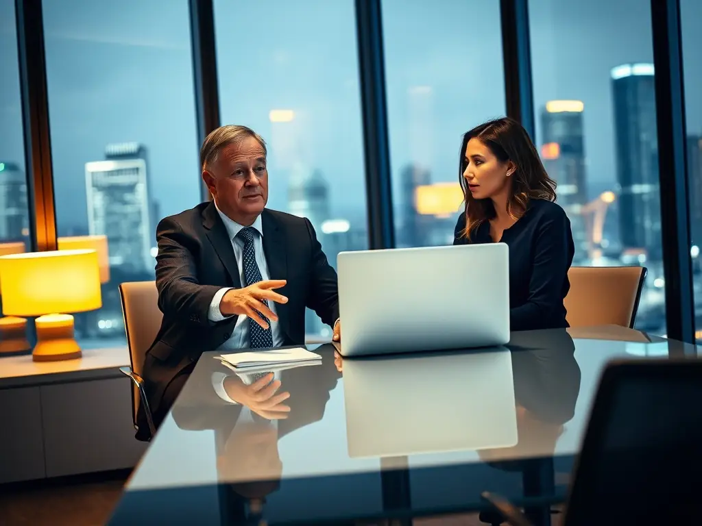 A financial advisor sitting at a desk, reviewing documents with a client in a modern office setting, emphasizing trust and expertise in wealth planning.